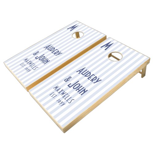 Art Deco Monogram Blue White Stripes Wedding Cornhole Set