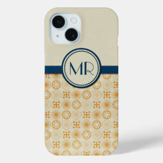Art Deco Monogram Geometric Circles Orange | Blue iPhone 15 Case