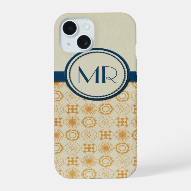 Art Deco Monogram Geometric Circles Orange | Blue Iphone Case (Back)