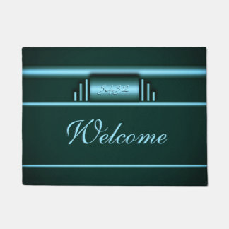 Art deco monogram on deluxe electric blue and teal doormat