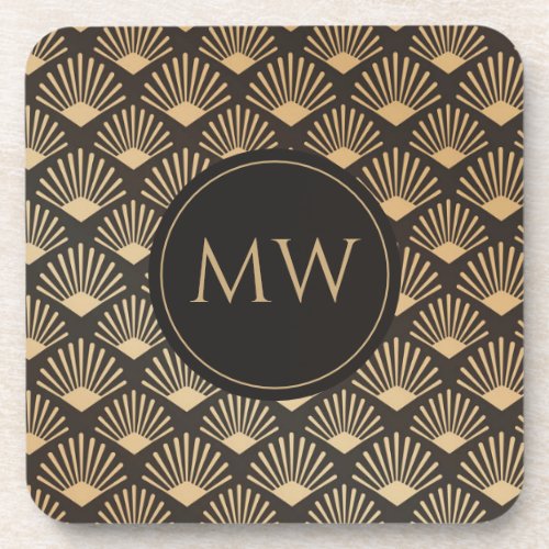 Art Deco Monogrammed Gatsby Vintage Fan Pattern Beverage Coaster