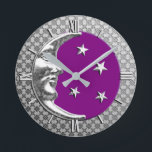 Art Deco Moon and Stars, Amethyst and Silver Round Clock<br><div class="desc">Clock in a classic Art Deco moon and stars design in brushed silver with an enamel look,  amethyst purple background</div>