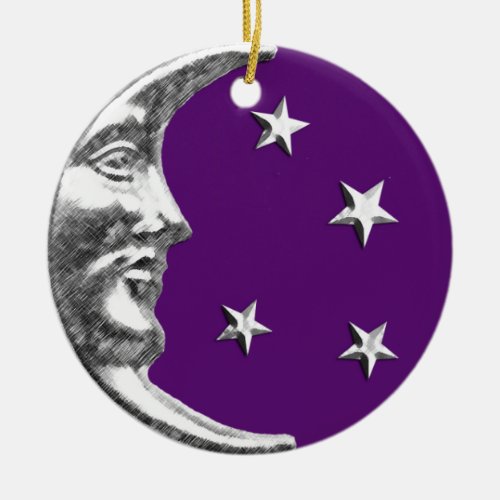 Art Deco Moon and Stars _ Amethyst Purple  Silver Ceramic Ornament