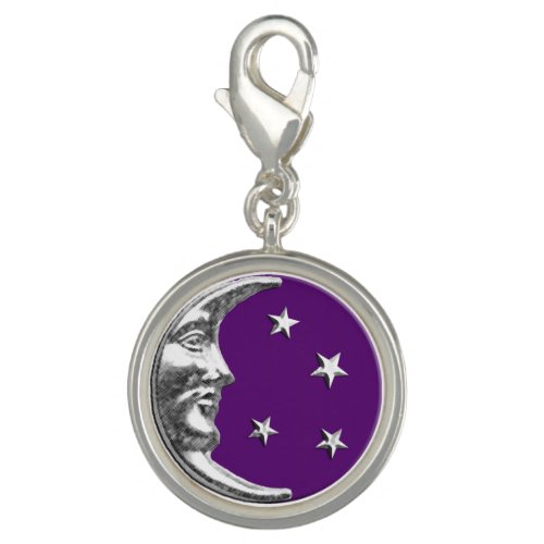 Art Deco Moon and Stars _ Amethyst Purple  Silver Charm