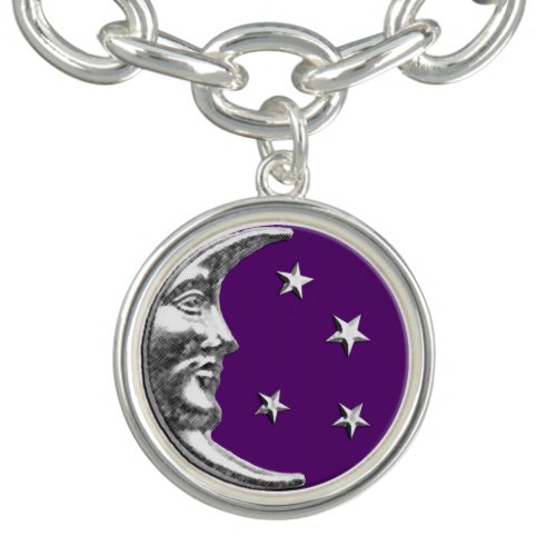 Art Deco Moon and Stars _ Amethyst Purple  Silver Charm Bracelet