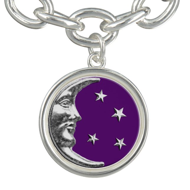 Art Deco Moon and Stars - Amethyst Purple & Silver Charm Bracelet (Design)