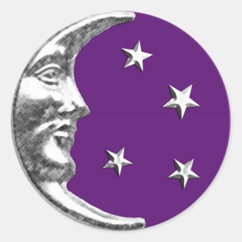 Art Deco Moon and Stars _ Amethyst Purple  Silver Classic Round Sticker