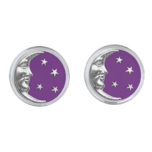Art Deco Moon and Stars - Amethyst Purple & Silver Cufflinks