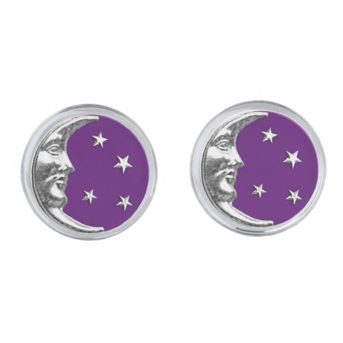 Art Deco Moon and Stars _ Amethyst Purple  Silver Cufflinks