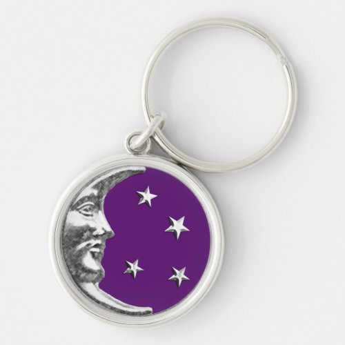 Art Deco Moon and Stars _ Amethyst Purple  Silver Keychain