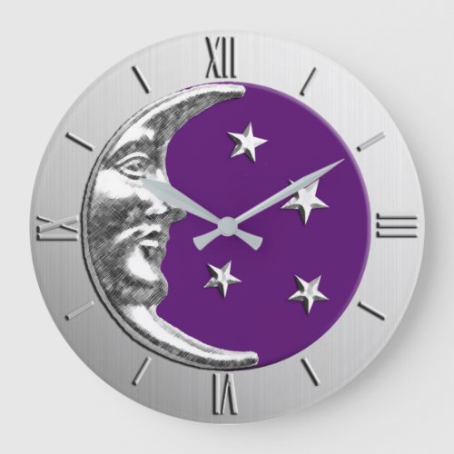 Art Deco Moon and Stars _ Amethyst Purple  Silver Large Clock