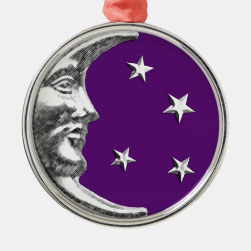 Art Deco Moon and Stars _ Amethyst Purple  Silver Metal Ornament