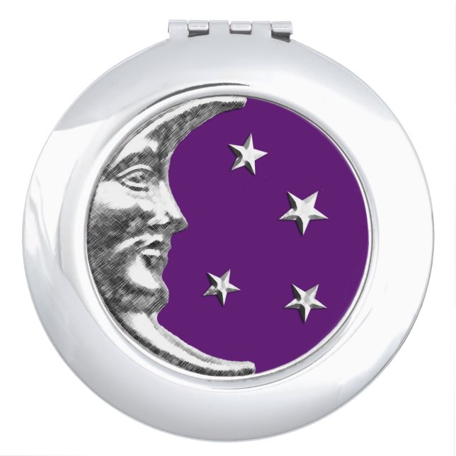 Art Deco Moon and Stars - Amethyst Purple & Silver Mirror For Makeup (Front)