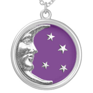 Art Deco Moon and Stars - Amethyst Purple & Silver Plated Necklace