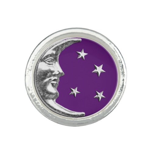 Art Deco Moon and Stars _ Amethyst Purple  Silver Ring