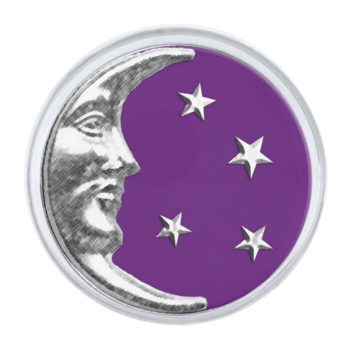 Art Deco Moon and Stars _ Amethyst Purple  Silver Silver Finish Lapel Pin
