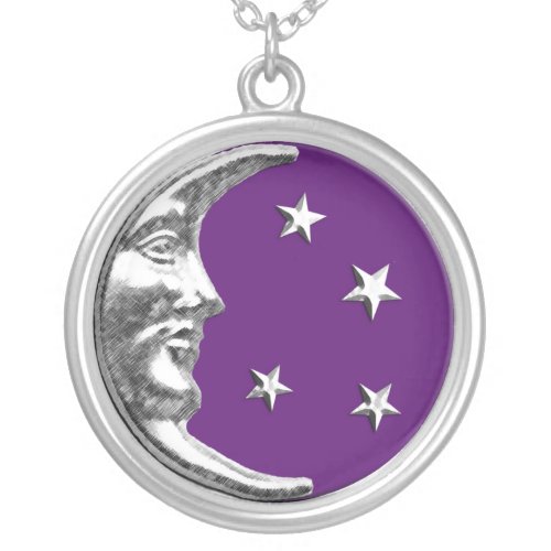 Art Deco Moon and Stars _ Amethyst Purple  Silver Silver Plated Necklace