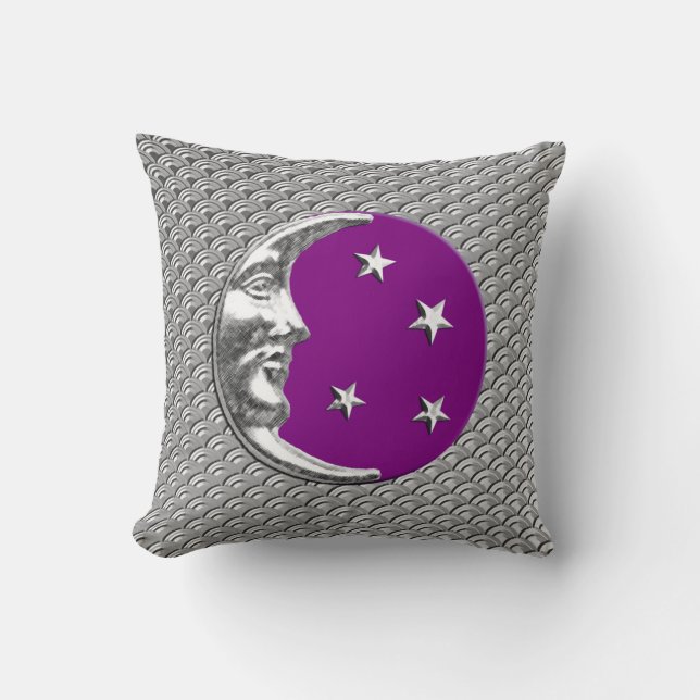 Art Deco Moon and stars - Amethyst Purple & Silver Throw Pillow (Front)