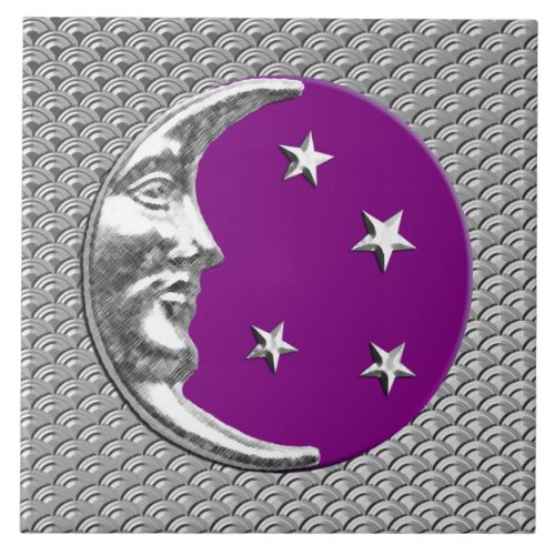 Art Deco Moon and stars _ Amethyst Purple  Silver Tile