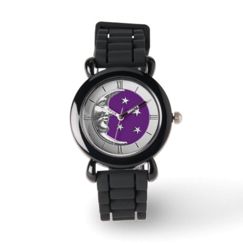 Art Deco Moon and Stars _ Amethyst Purple  Silver Watch