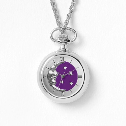 Art Deco Moon and Stars _ Amethyst Purple  Silver Watch