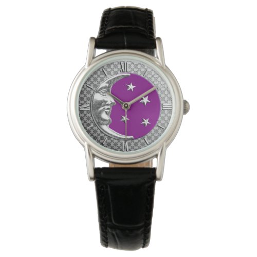Art Deco Moon and stars _ Amethyst Purple  Silver Watch