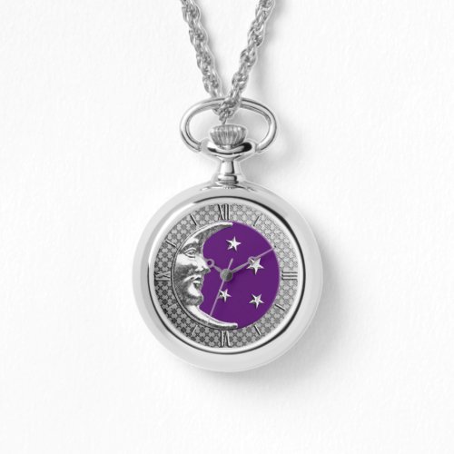 Art Deco Moon and Stars _ Amethyst Purple  Silver Watch