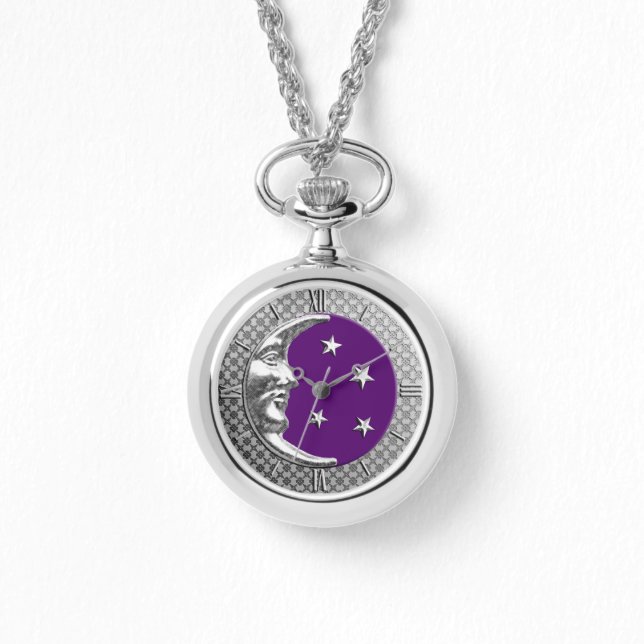 Art Deco Moon and Stars - Amethyst Purple & Silver Watch (Front)