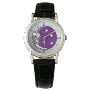Art Deco Moon and Stars - Amethyst Purple & Silver Watch