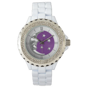 Art Deco Moon and Stars - Amethyst Purple & Silver Watch