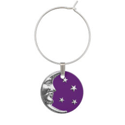Art Deco Moon and Stars - Amethyst Purple &amp; Silver Wine Glass Charm