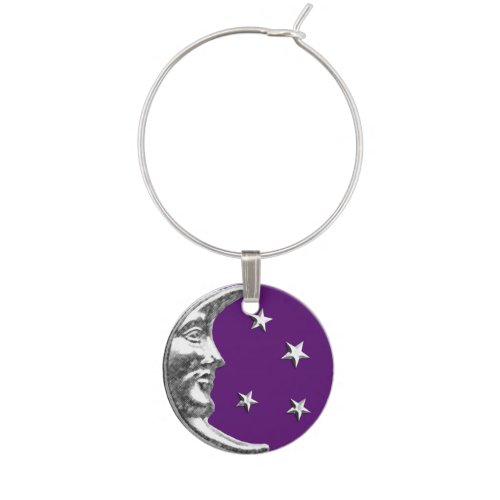 Art Deco Moon and Stars _ Amethyst Purple  Silver Wine Glass Charm