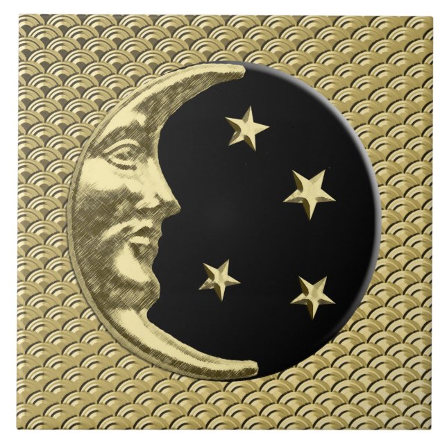 Art Deco Moon and stars - Black and Gold Ceramic Tile (Front)