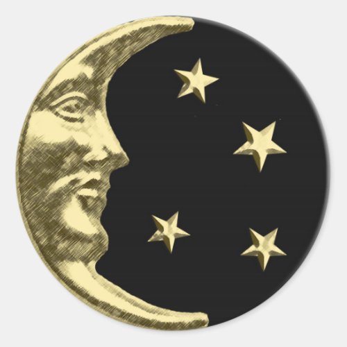 Art Deco Moon and Stars _ Black and Gold Classic Round Sticker