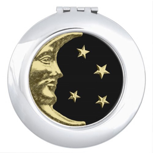 Art Deco Moon and Stars _ Black and Gold Compact Mirror