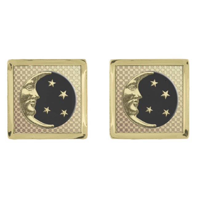 Art Deco Moon and Stars, Black and Gold Cufflinks (Front)