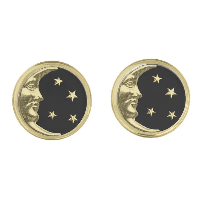 Art Deco Moon and Stars - Black and Gold Gold Cufflinks (Front)