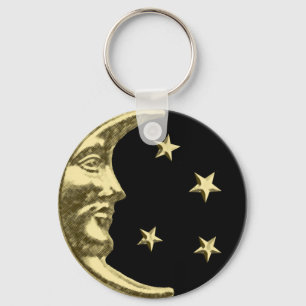 Art Deco Moon and Stars - Black and Gold Keychain
