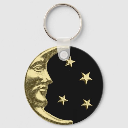 Art Deco Moon and Stars _ Black and Gold Keychain