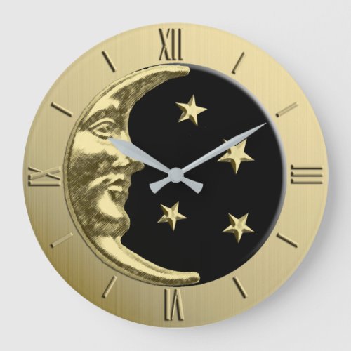 Art Deco Moon and Stars _ Black and Gold Large Clock