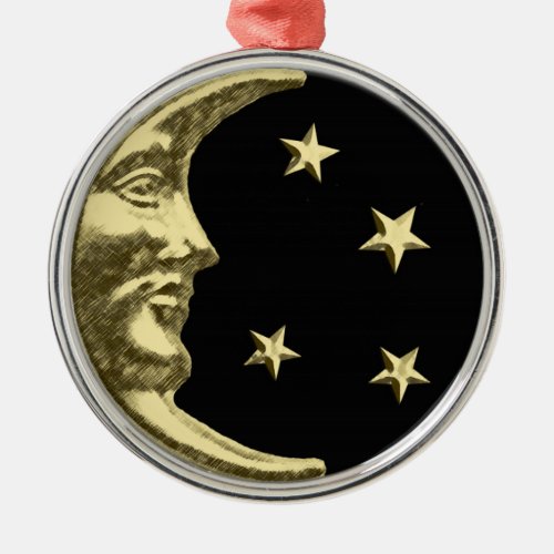 Art Deco Moon and Stars _ Black and Gold Metal Ornament