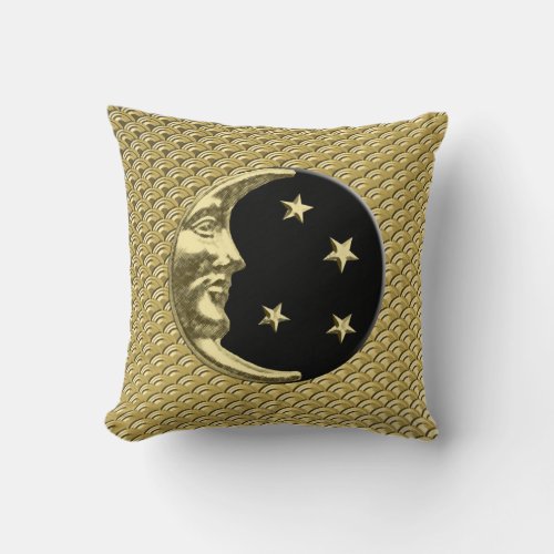 Art Deco Moon and stars _ Black and Gold Throw Pillow