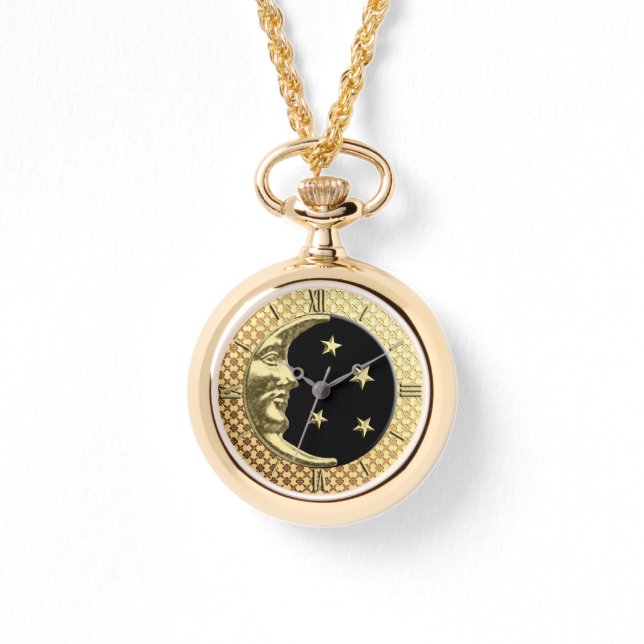 Art Deco Moon and Stars, Black and Gold Watch (Front)