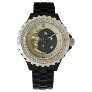 Art Deco Moon and Stars - Black and Gold Watch