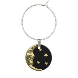 Art Deco Moon and Stars - Black and Gold Wine Glass Charm
