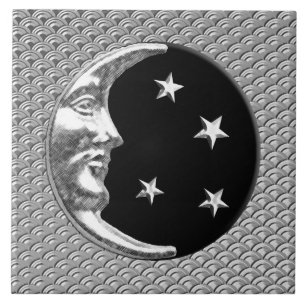 Art Deco Moon and stars - Black and Silver Ceramic Tile