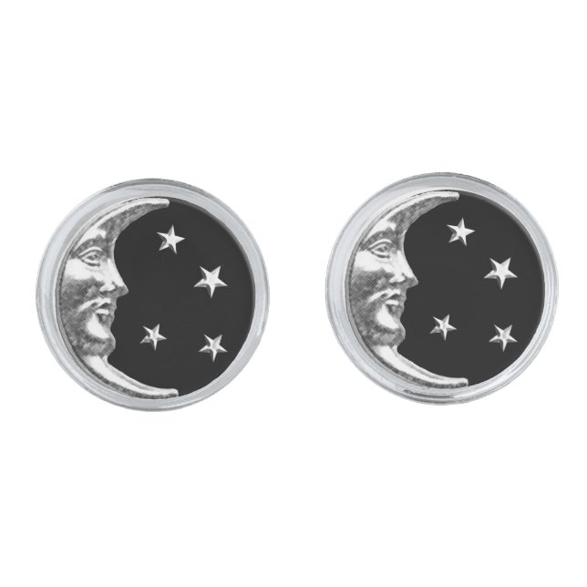 Art Deco Moon and Stars - Black and Silver Cufflinks (Front)
