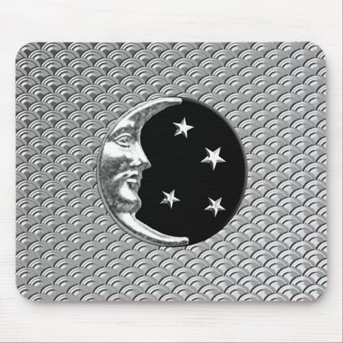 Art Deco Moon and stars _ Black and Silver Mouse Pad