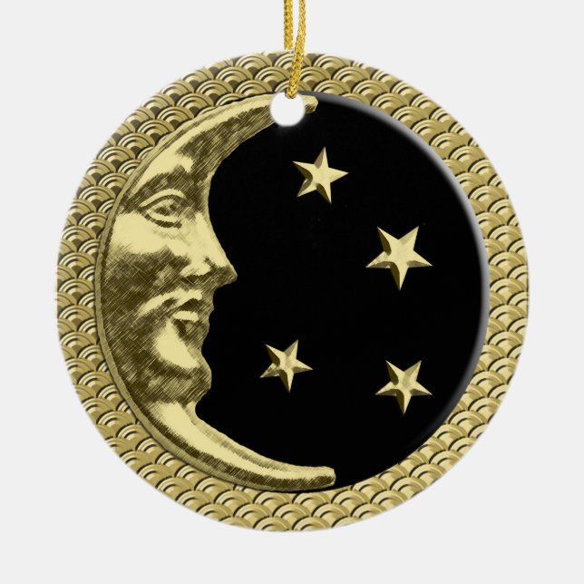 Art Deco Moon and Stars Black on Gold Background  Ceramic Ornament (Front)