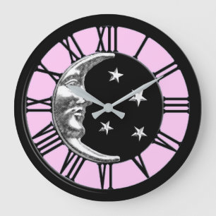 Art Deco Moon and Stars - Black, Pink and Silver Large Clock